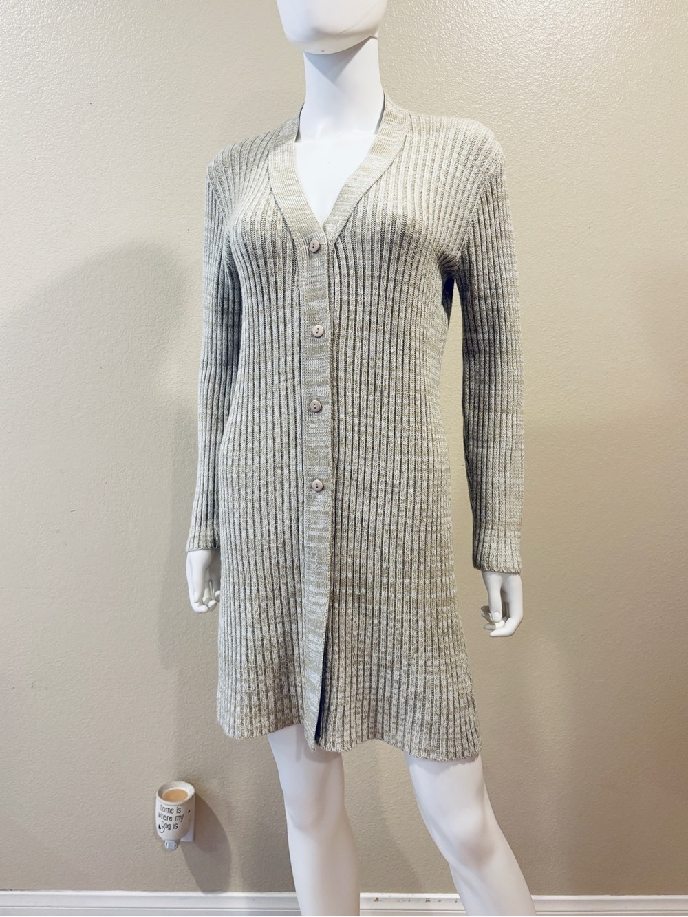 Vintage y2k Button Down Sweater Dress or Long Cardigan Size S Oatmeal Beige Flaw